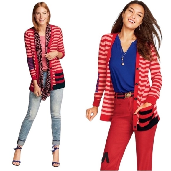 Cabi Button Long Cardigan Sweater Red Pink Striped Women’s Size XS Button Up - Picture 1 of 11